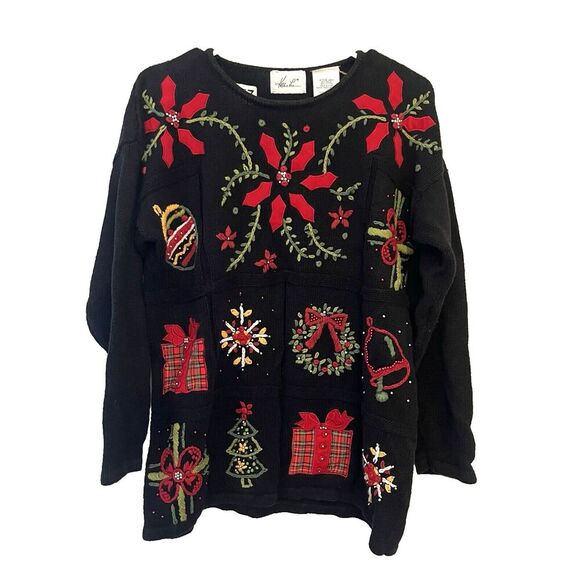 Vtg Kathie Lee Black Christmas Sweater Large Embroidered Holiday Wreath Presents - Picture 1 of 8